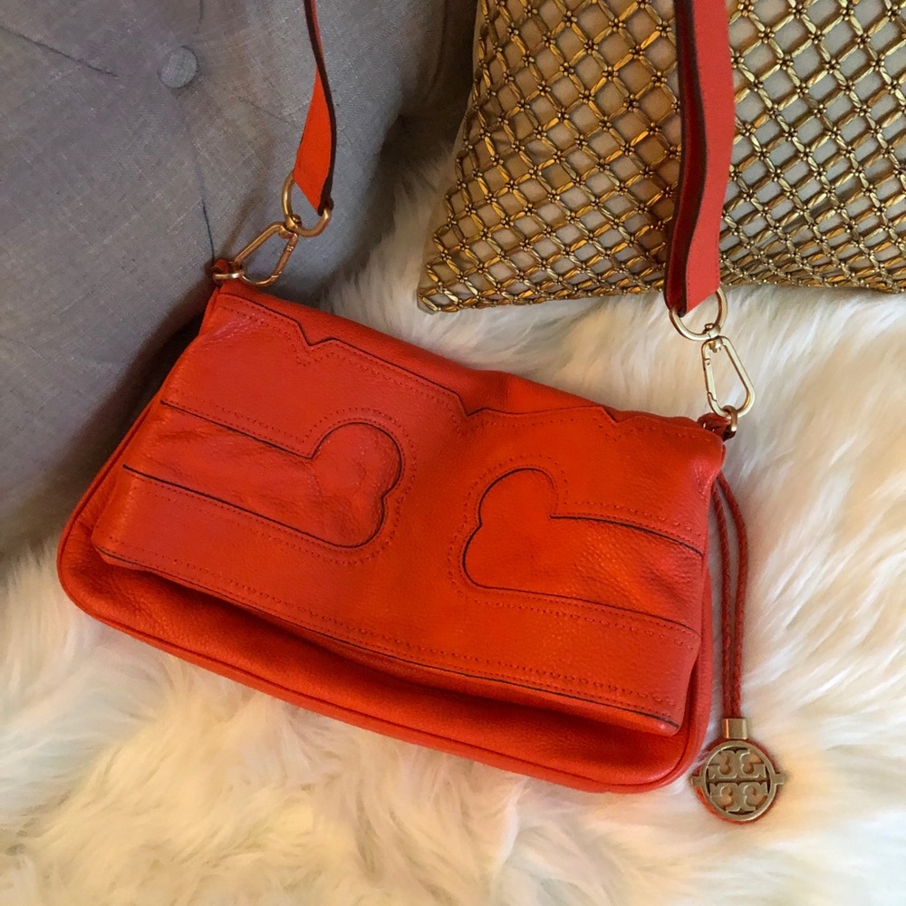 One Day Sale Tory Burch Vibrant Orange Pebbled Leather Crossbody - Picture 7 of 8